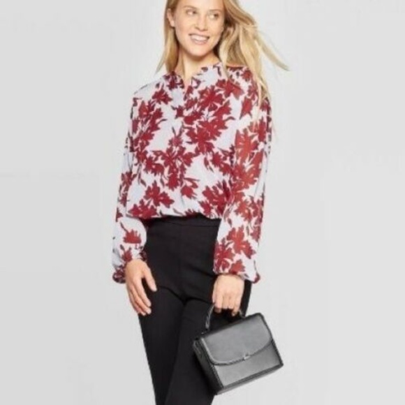 A New Day Blue Burgundy Leaf Print Popover Blouse - Picture 2 of 8